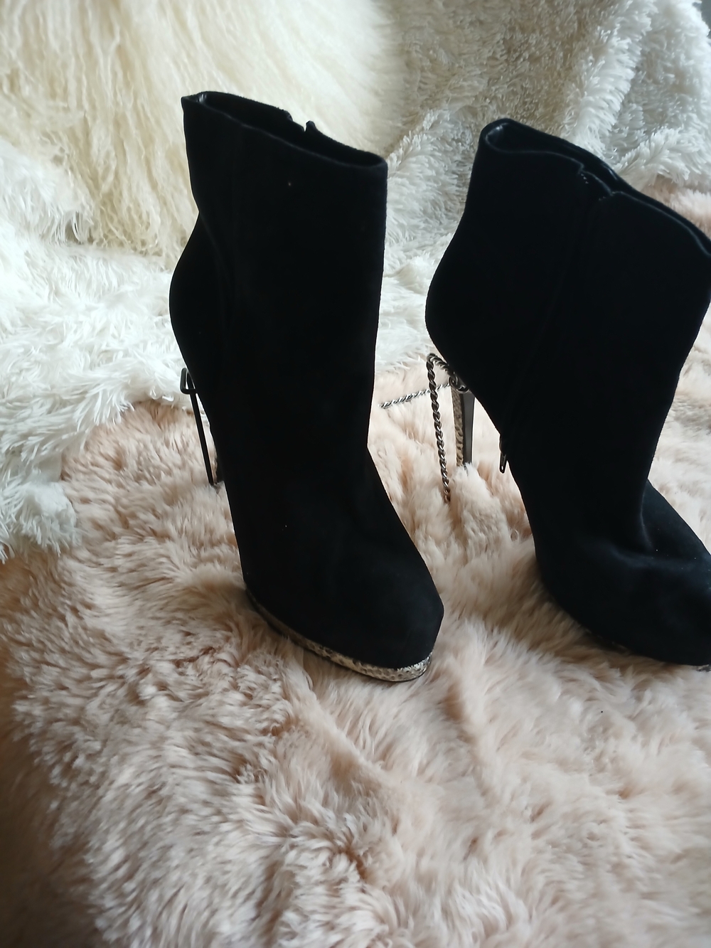 Pour La Victoire Black Suede Ankle Booties with Chain-Trim Stiletto Heel